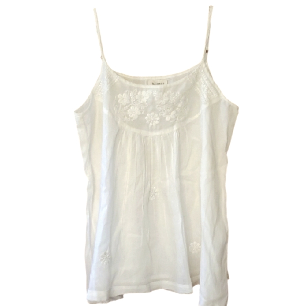 Talisman Elegant White Cotton Floral Embroidered Camisole Tank Top Size Large